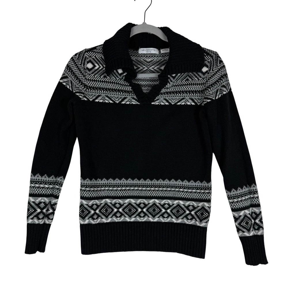 Liz Claiborne Sweater Womens PS Petite Black Fair Isle Collared Knit Pullover